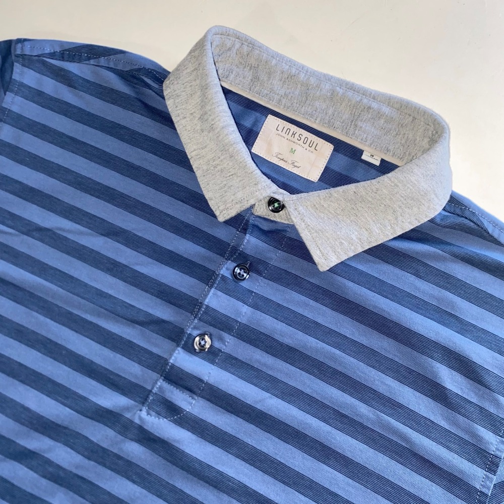 Linksoul John Ashworth & Co Mens Blue Striped Golf Polo Shirt Size M Grey Collar